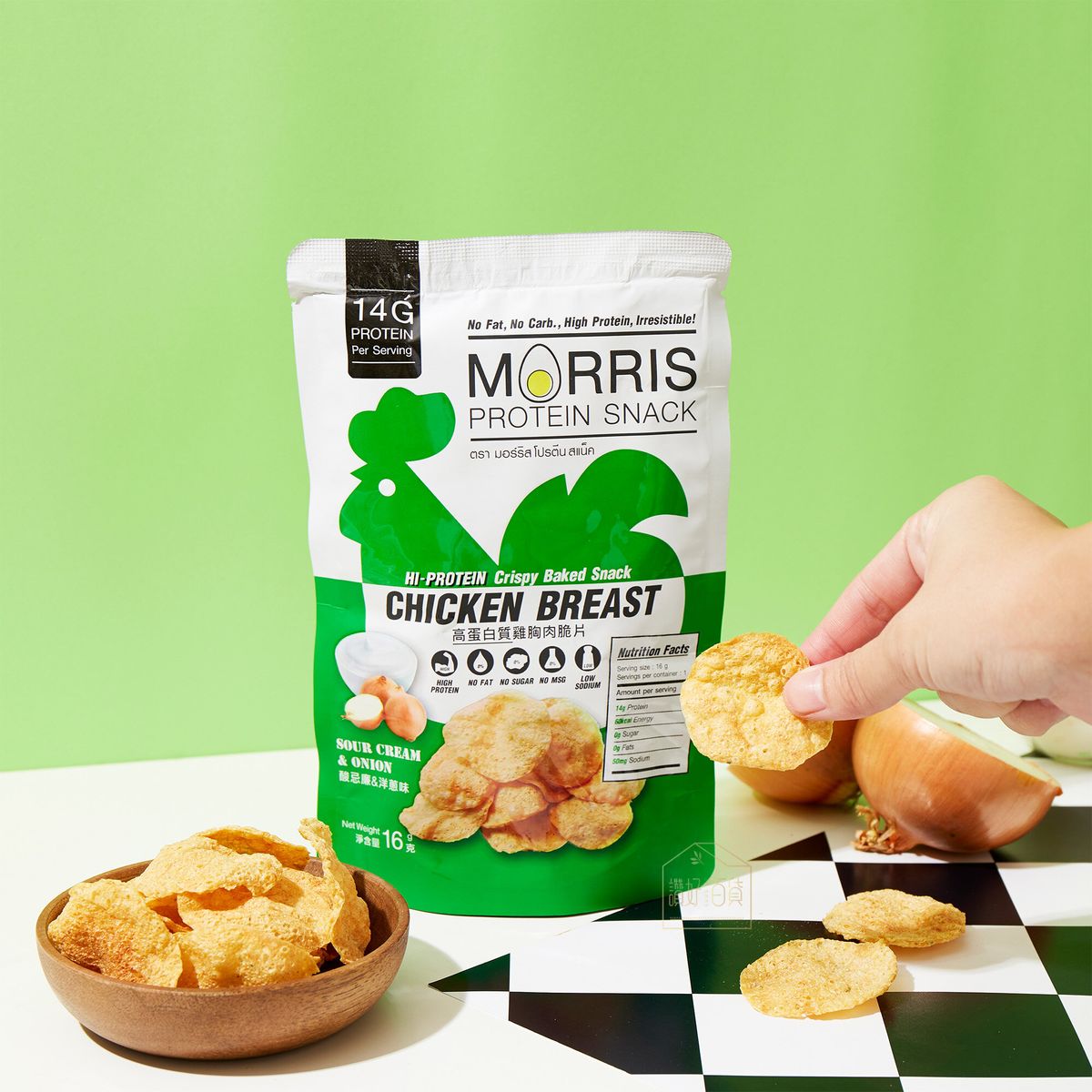 MORRIS - 高蛋白雞胸肉脆片 酸忌廉洋蔥味 3包裝 - 無麩質清真食品 適合Keto 生酮減肥/低醣飲食/非油炸/低卡路里/健身低脂食品/低碳水化合物/減肥零食#即食雞胸肉薯片零食