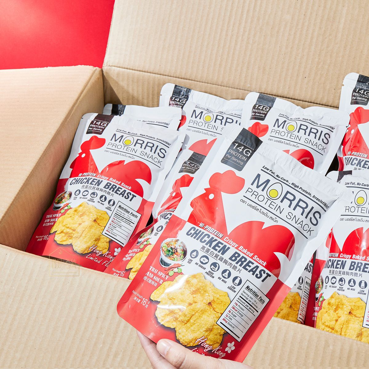 MORRIS - 原箱優惠 - 高蛋白質雞胸肉脆片 泰式酸辣味20包裝 - 無麩質 適合生酮/低醣/健身/高蛋白質/低卡路里低脂肪飲食#即食雞胸肉薯片零食