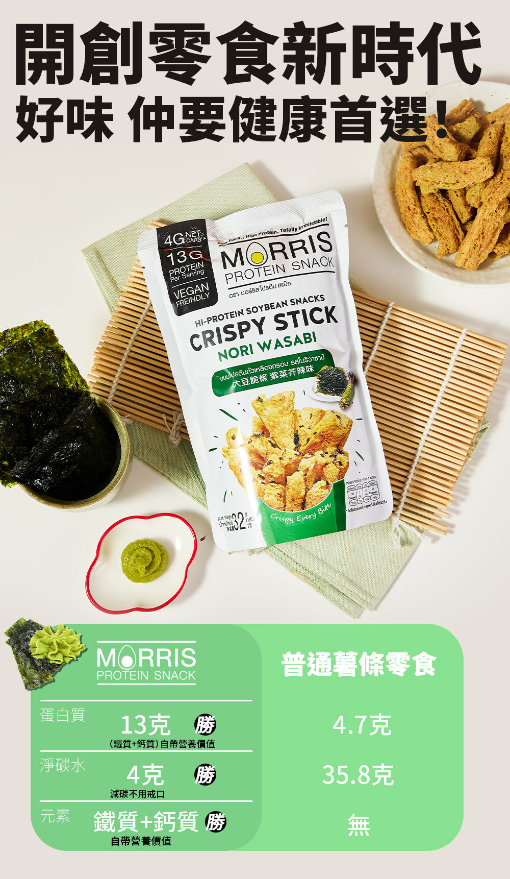 MORRIS - 高蛋白質大豆脆條 紫菜芥辣味 單包裝 低GI健康零食 蛋白質香脆零食 適合生酮低醣純素食