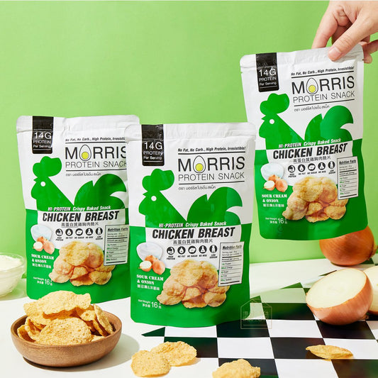 MORRIS - 高蛋白雞胸肉脆片 酸忌廉洋蔥味 3包裝 - 無麩質清真食品 適合Keto 生酮減肥/低醣飲食/非油炸/低卡路里/健身低脂食品/低碳水化合物/減肥零食#即食雞胸肉薯片零食