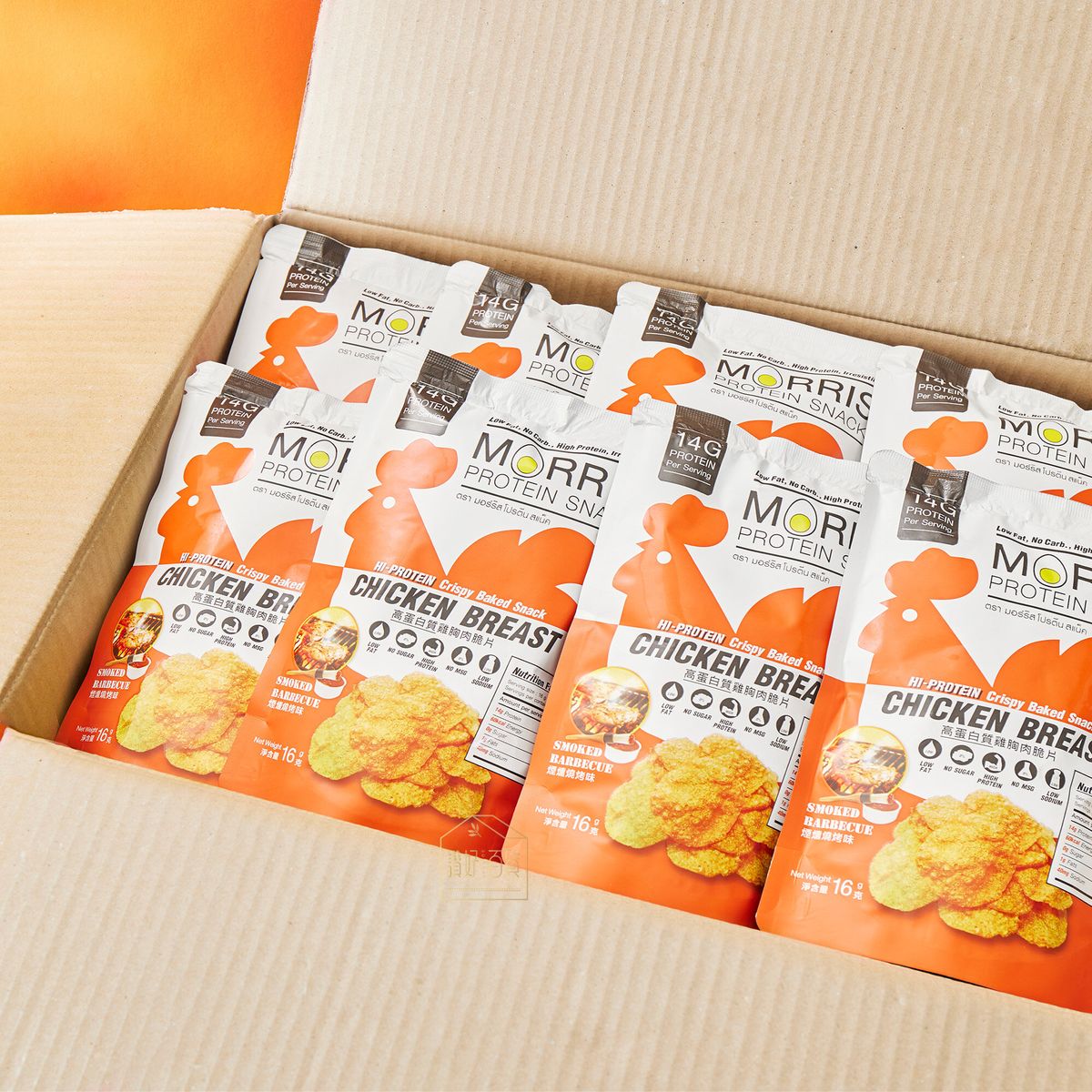 MORRIS - 原箱優惠 - 高蛋白雞胸肉脆片零食 燒烤味 20包裝 - 無麩質清真食品/生酮飲食/低碳水化合物/0糖低脂肪非油炸薯片/低卡路里0糖零食 即食雞胸薯片
