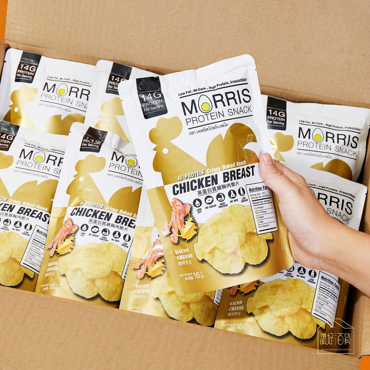 MORRIS - 原箱優惠 - 高蛋白質雞胸肉脆片 芝士煙肉味 20包裝 – 無麩質 適合生酮/低醣/健身/高蛋白質/低卡路里低脂肪飲食非油炸#即食雞胸肉薯片零食
