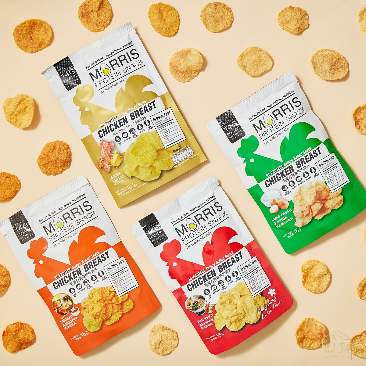 MORRIS - 高蛋白質雞胸肉脆片 四款口味試食裝 - 無麩質 生酮飲食/低醣飲食/非油炸/低卡路里/健身低脂食品/低碳水化合物/減肥零食#即食雞胸肉薯片零食