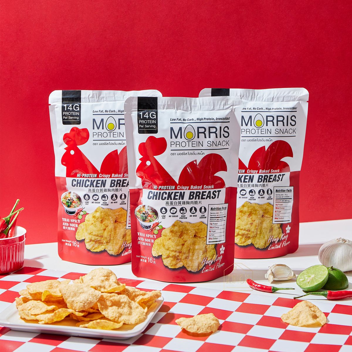 MORRIS - 高蛋白質雞胸肉脆片 泰式酸辣味 3包裝 – 生酮飲食 無麩質 適合低醣飲食/非油炸/低卡路里/健身低脂食品/低碳水化合物/減肥即食雞胸肉薯片零食