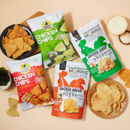 MORRIS - 雞胸肉脆片套裝 - 高蛋白質 燒烤味及酸忌廉洋蔥味 + CHICKY SHAKE 零脂肪 魷魚味及紫菜芥辣味 - 生酮飲食 低碳低卡路里#即食雞胸肉薯片零食