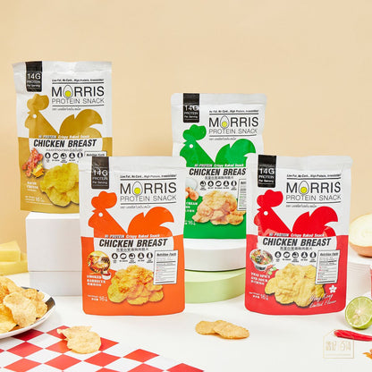 MORRIS - 高蛋白質雞胸肉脆片 四款口味試食裝 - 無麩質 生酮飲食/低醣飲食/非油炸/低卡路里/健身低脂食品/低碳水化合物/減肥零食#即食雞胸肉薯片零食