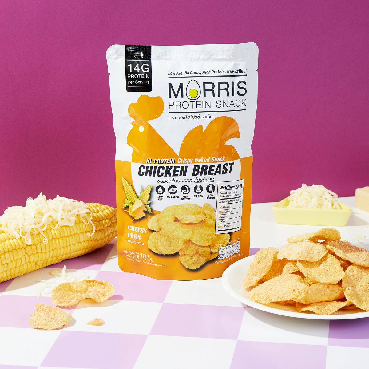 MORRIS - 原箱優惠 - 高蛋白質雞胸肉脆片 芝士粟米味 20包裝 - 清真食品 無麩質/適合生酮/低醣/健身/高蛋白質/低卡路里低脂肪飲食#即食雞胸肉薯片零食