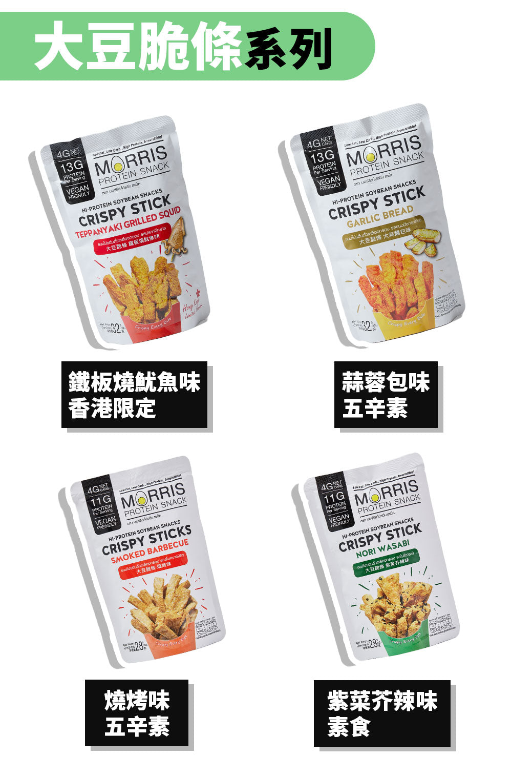 MORRIS - 原箱優惠 - 生酮素食大豆脆條 紫菜芥辣味 - 0糖健康零食 高蛋白質香脆零食 適合低糖純素食