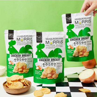 MORRIS - 高蛋白雞胸肉脆片 酸忌廉洋蔥味 3包裝 - 無麩質清真食品 適合Keto 生酮減肥/低醣飲食/非油炸/低卡路里/健身低脂食品/低碳水化合物/減肥零食#即食雞胸肉薯片零食