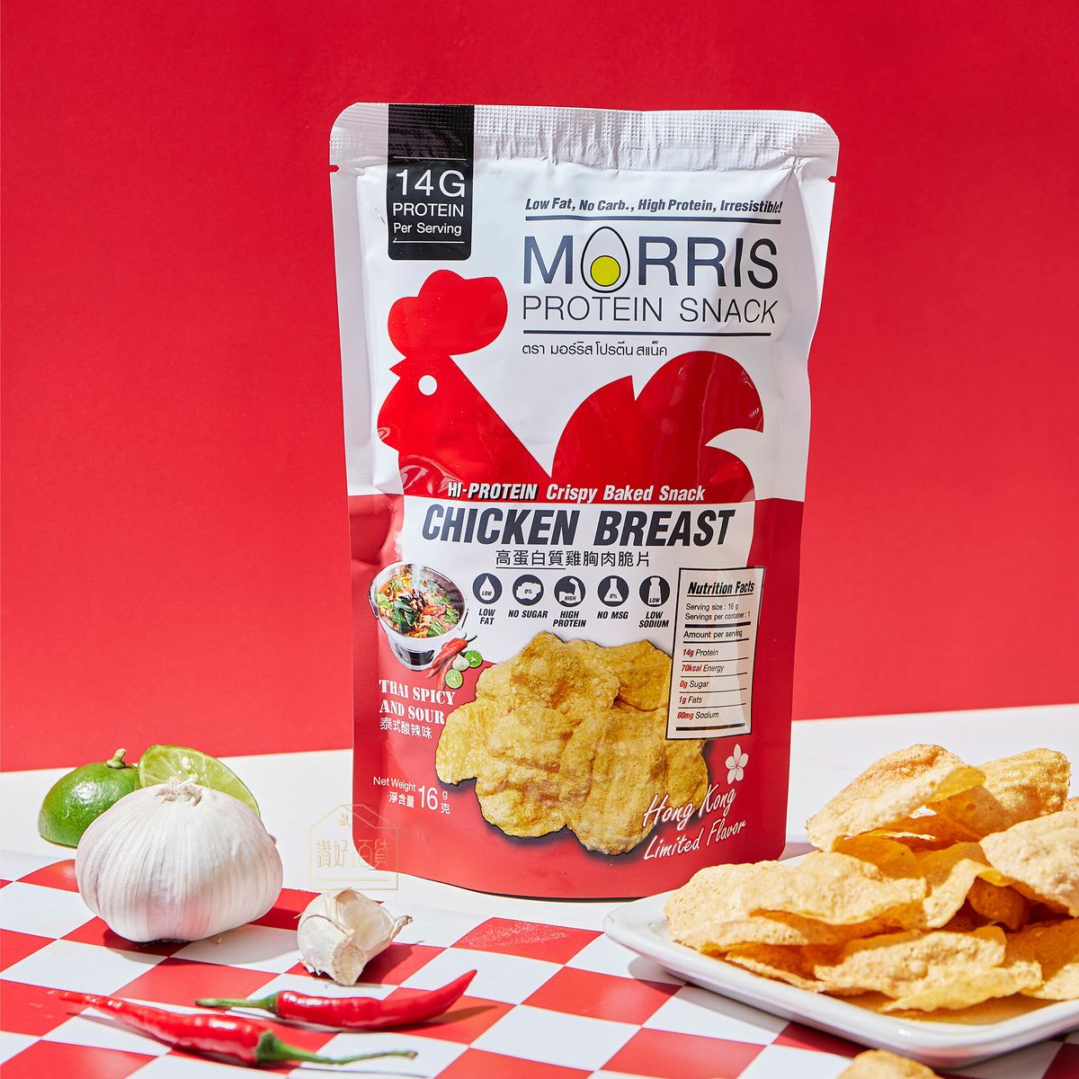 MORRIS - 原箱優惠 - 高蛋白質雞胸肉脆片 泰式酸辣味20包裝 - 無麩質 適合生酮/低醣/健身/高蛋白質/低卡路里低脂肪飲食#即食雞胸肉薯片零食